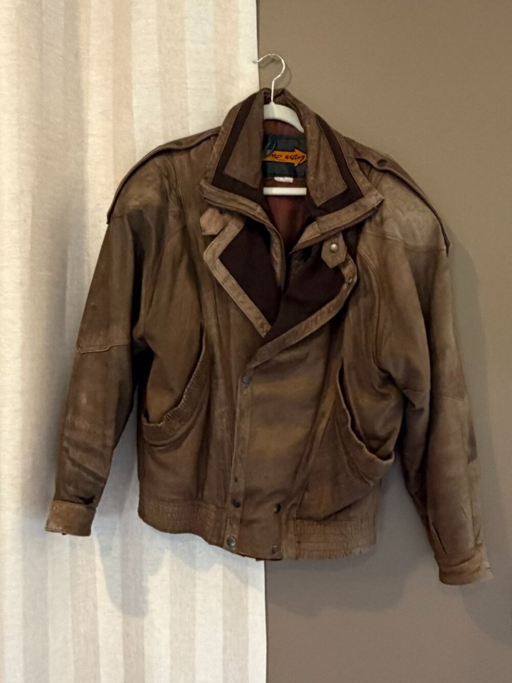 Vintage One Way 90s Brown Leather Bomber Jacket Wool Blend Panel, Size Small